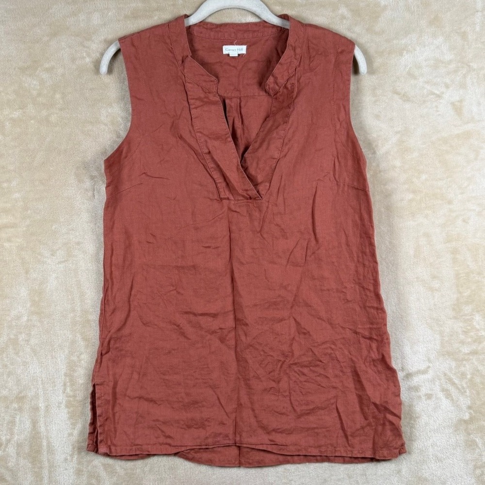 Garnet Hill Womens Size 6 100% Linen Sleeveless Split Neck Tunic Top Rust Orange